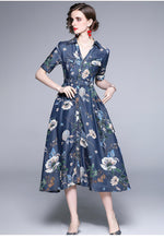 Blue Denim Floral Print Short Sleeve Fit & Flare Shirtdress Vivian Seven