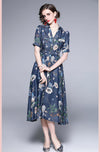 Blue Denim Floral Print Short Sleeve Fit & Flare Shirtdress Vivian Seven