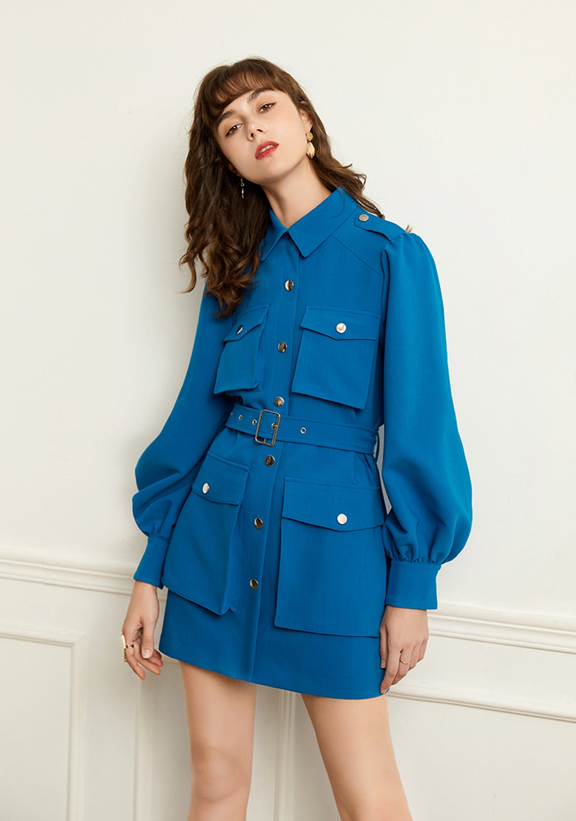Blue Epaulet Belted Pocket Puff Sleeve Jacket | Vivian Seven