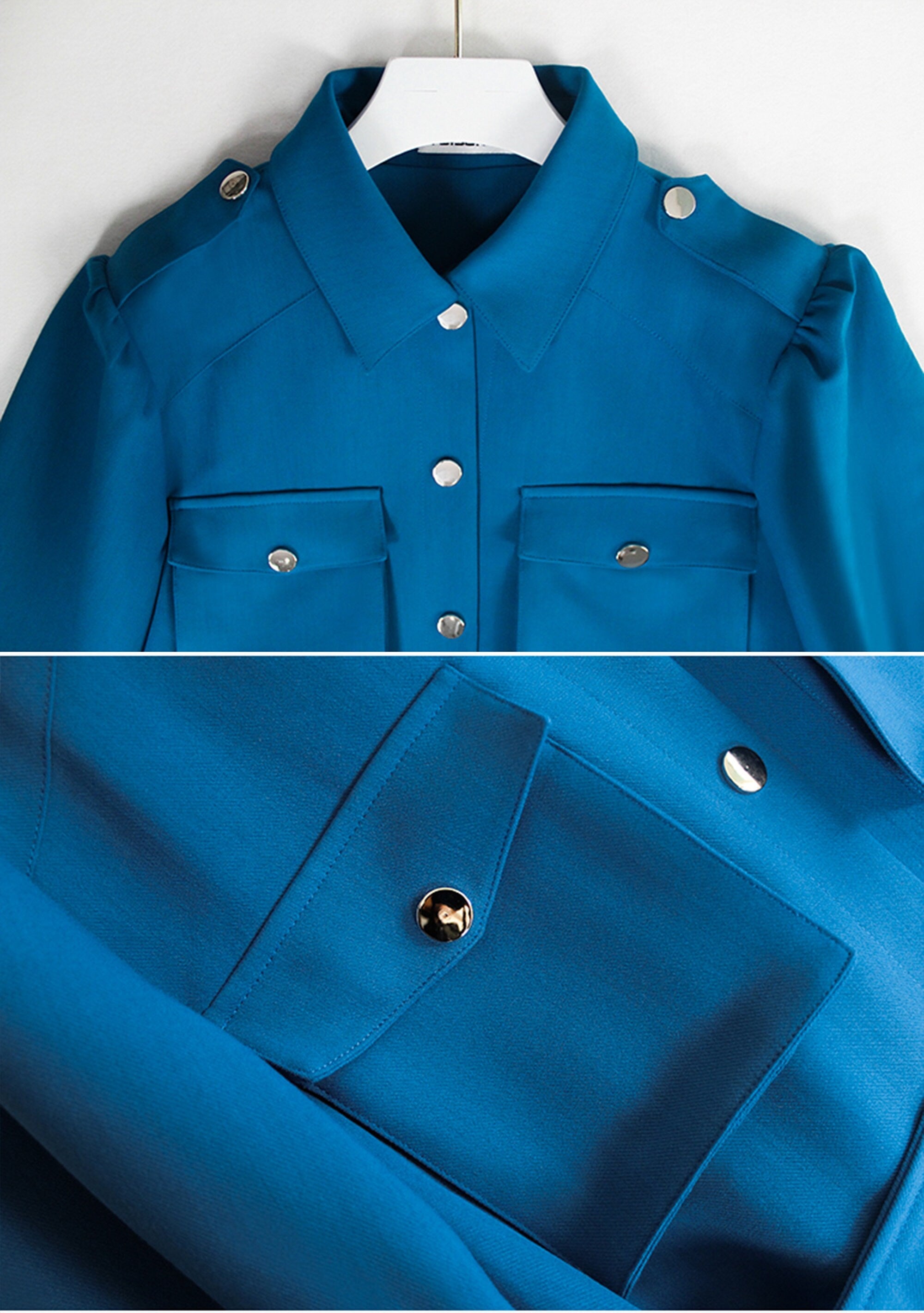 Blue Epaulet Belted Pocket Puff Sleeve Jacket Vivian Seven