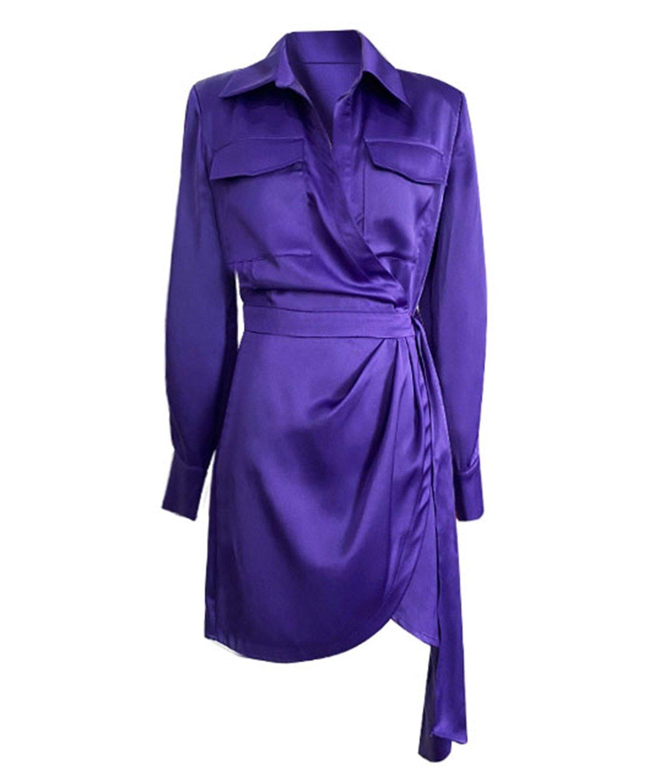 Satin Cocktail Belt Long Sleeve Shirt Mini Dress | Vivian Seven S / Blue Satin Cocktail Belt Long Sleeve Shirt Mini Dress | Vivian Seven S / Blue