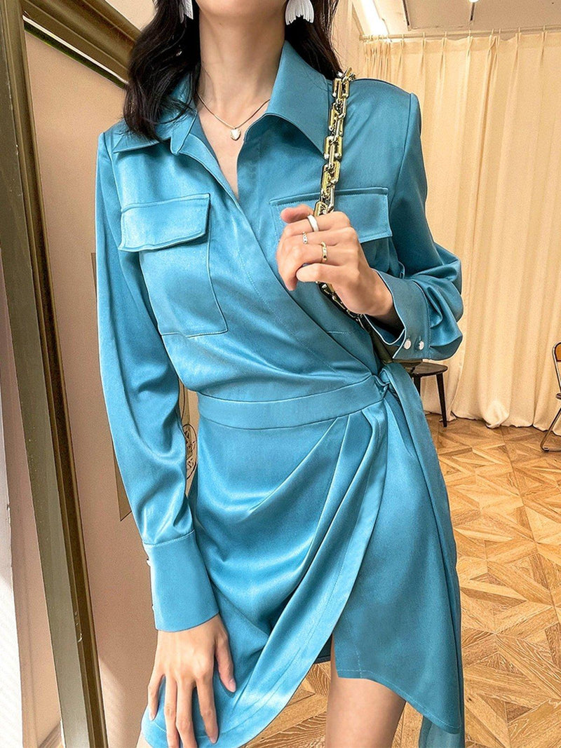 Satin Cocktail Belt Long Sleeve Shirt Mini Dress