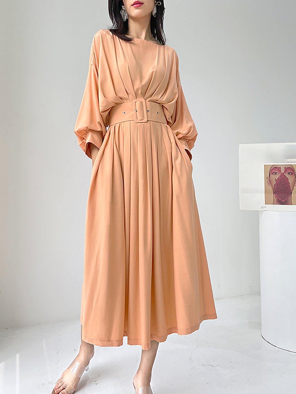 belted puff sleeve midi dress Bianca Abstract Print Puff Sleeve Belted Midi Dress (M)