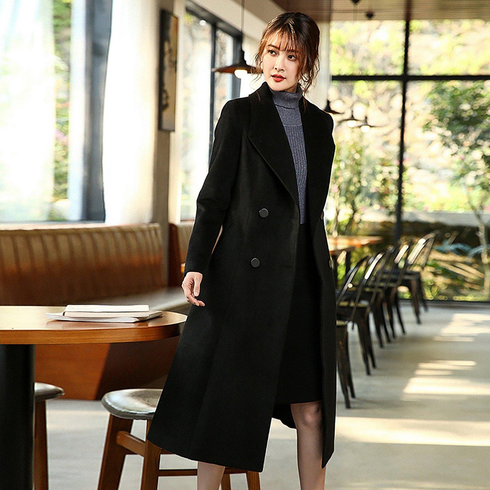 Leather Accent Double Wool Coat - Luxury Black