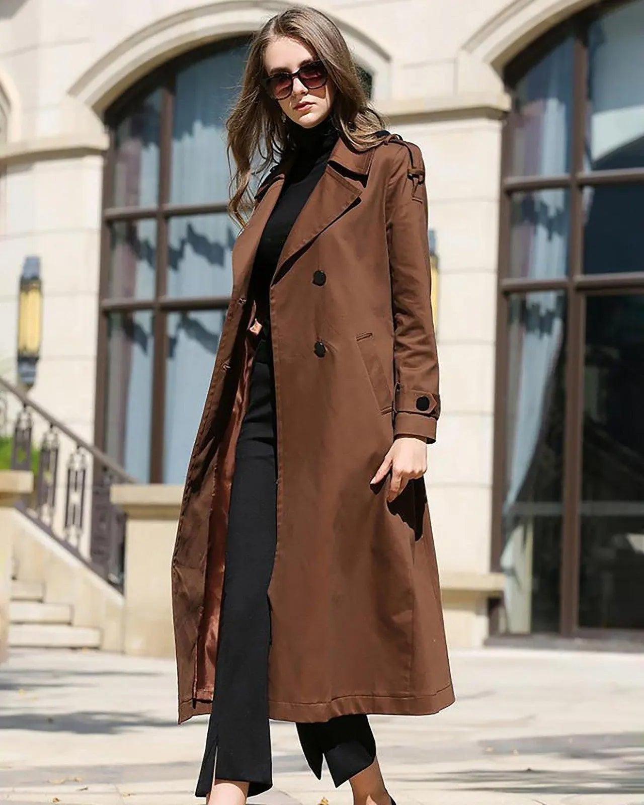 Custom Brown Double Breasted Belted Trench Coat | Vivian Seven