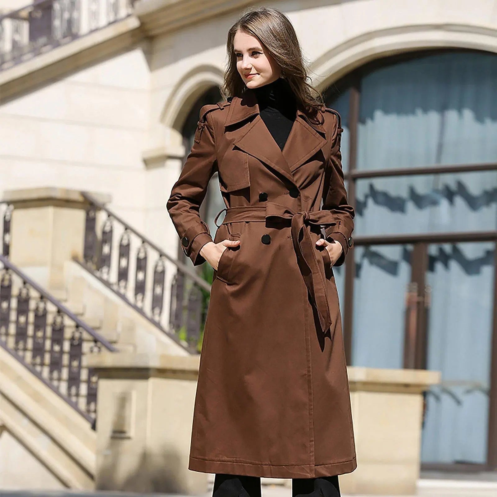 Custom Brown Double Breasted Belted Trench Coatwomen Long 