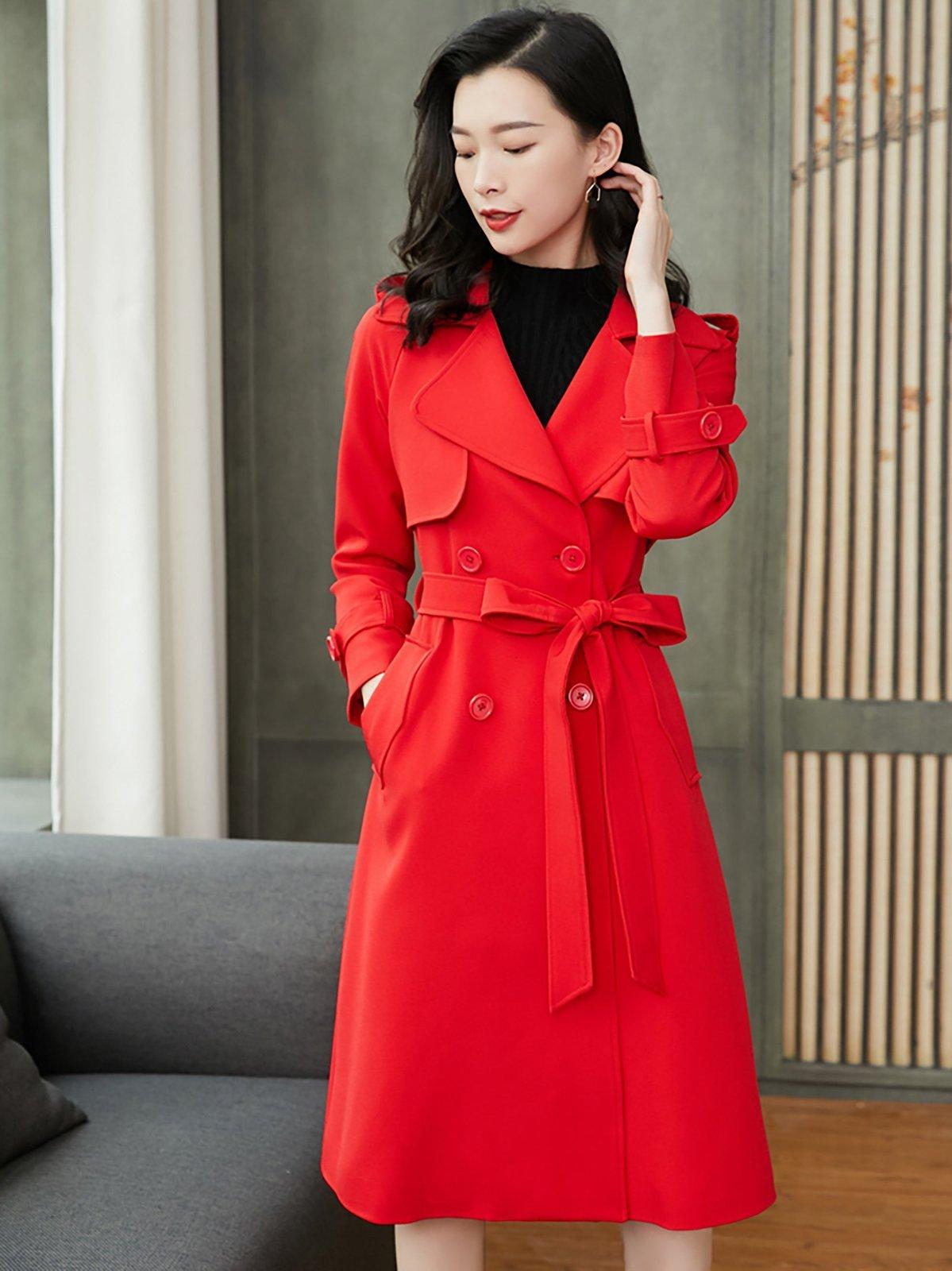 Custom Double Breasted Belted Red Trench Coat Custom Double Breasted Belted Red Trench Coat