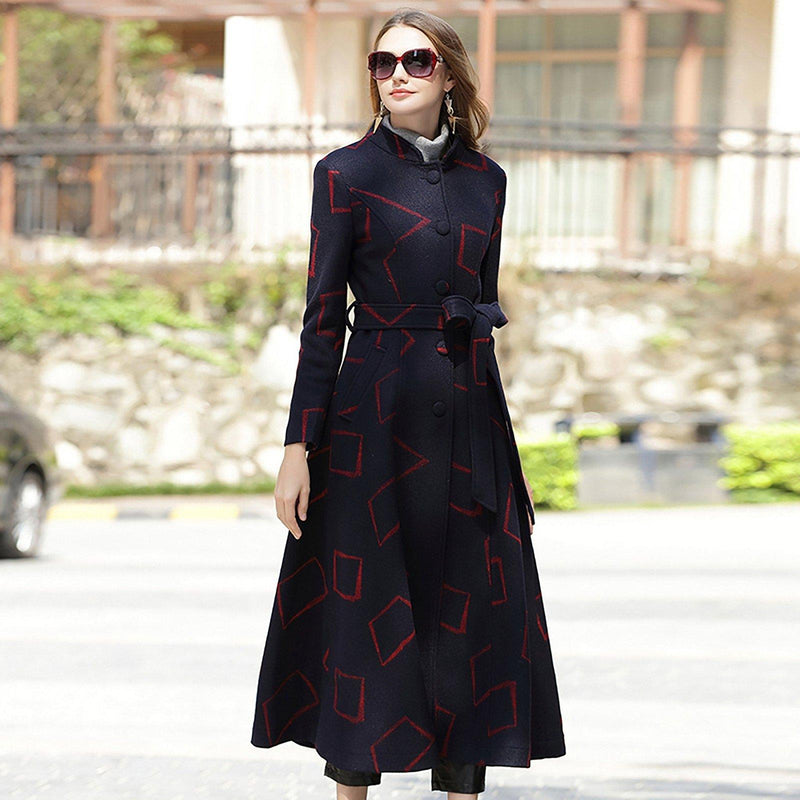 long dress coat ladies Custom Women's Wool Blend Geo Print Fit & Flare Coat
