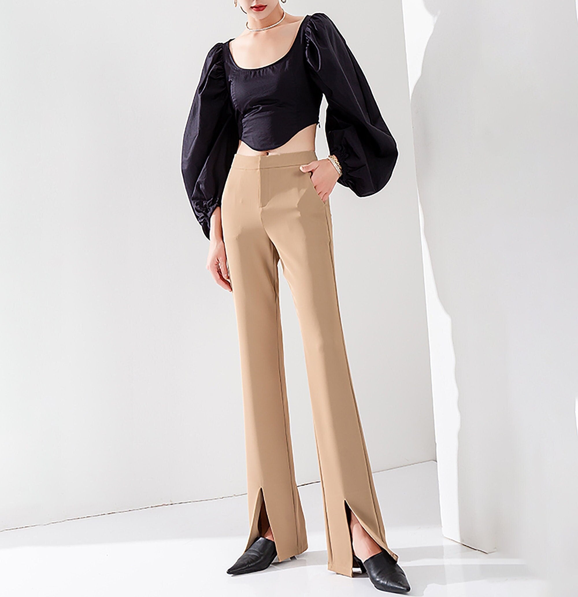 Women's Custom Size Split-Hem Flare Long Pants | Vivian Seven Women's Custom Size Split-Hem Flare Long Pants | Vivian Seven