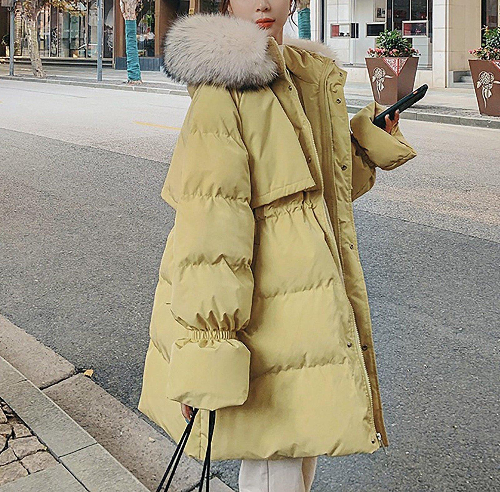 yellow hooded fur collar coat winter women