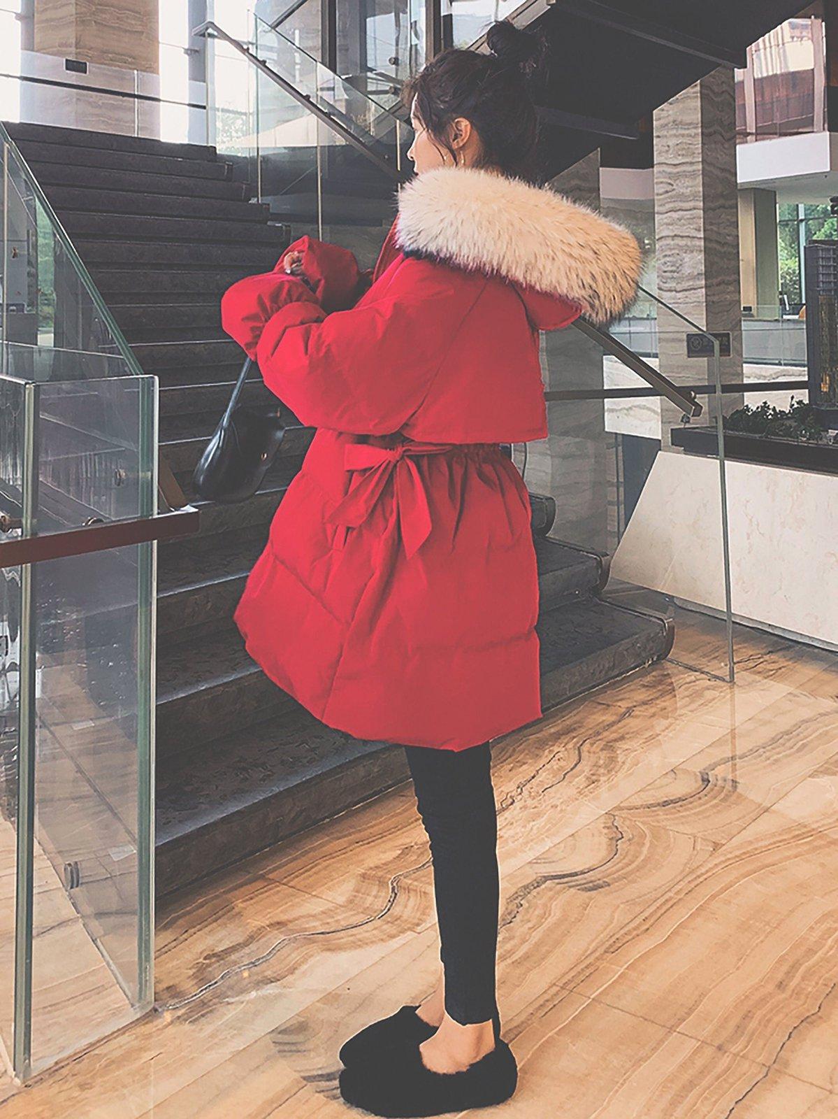 hooded fur collar red coat for women