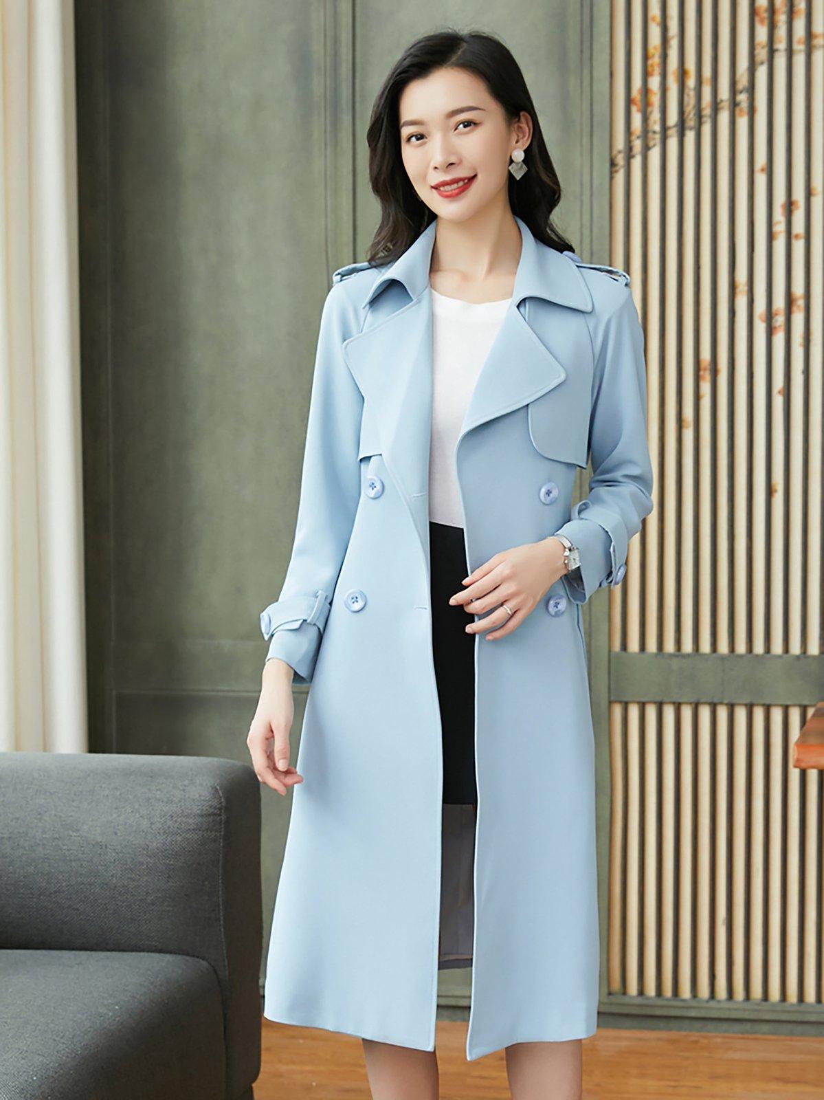 Women's Light Blue Epaulet Double Breasted Trench Coat S Women's Light Blue Epaulet Double Breasted Trench Coat S