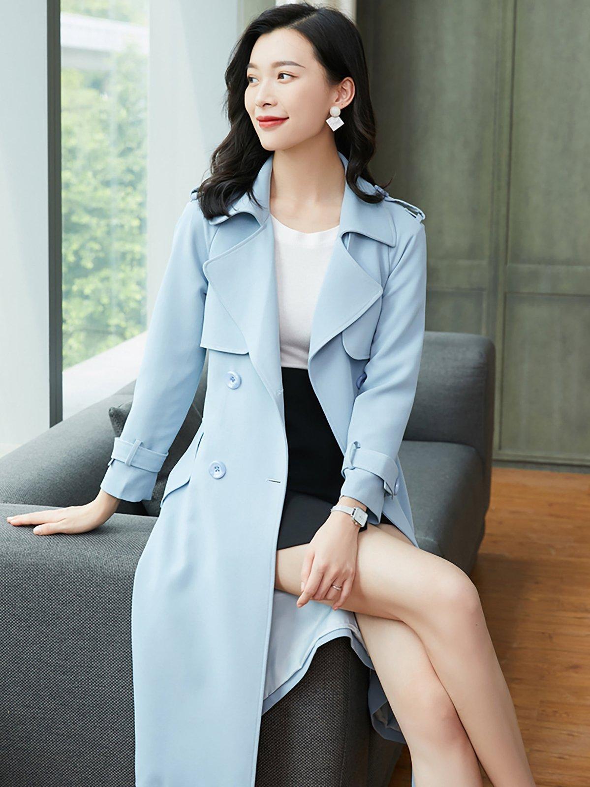 Women's Light Blue Epaulet Double Breasted Trench Coat S Women's Light Blue Epaulet Double Breasted Trench Coat S