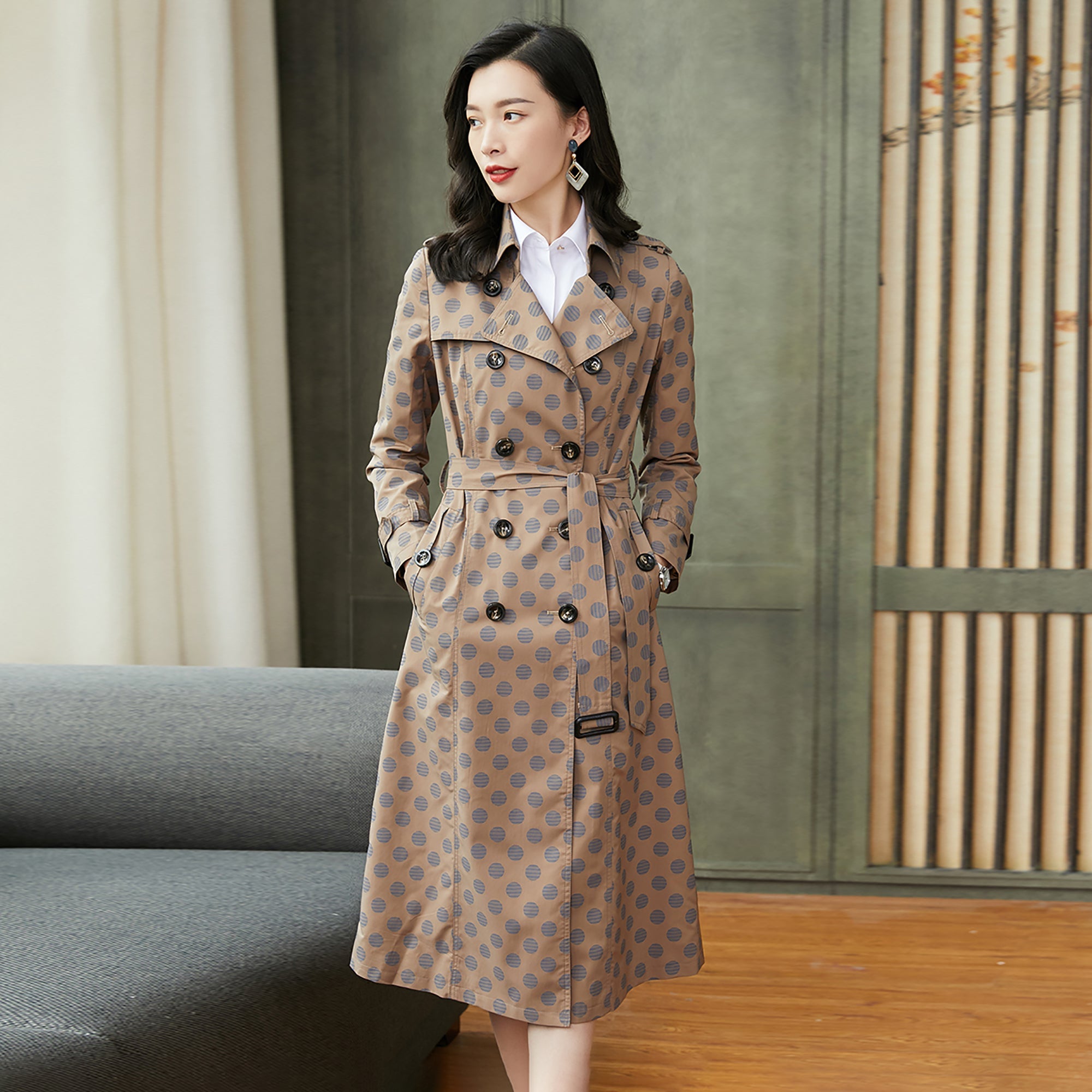 ワンピース CATHRI Dot Dress Coat Women's Polka Dot Double Breasted Belted Trench Coat – Vivian Seven