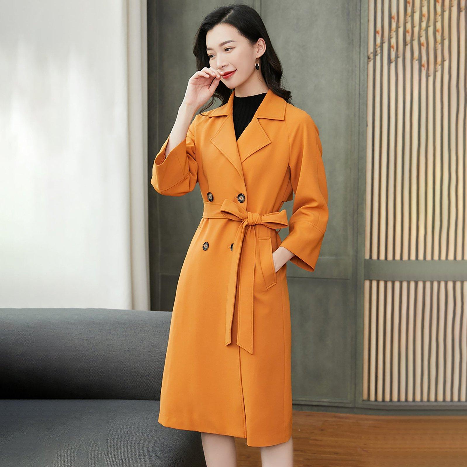 Custom Women's Orange Double Breasted Tie Waist Coat | Vivian Seven Custom Women's Orange Double Breasted Tie Waist Coat | Vivian Seven