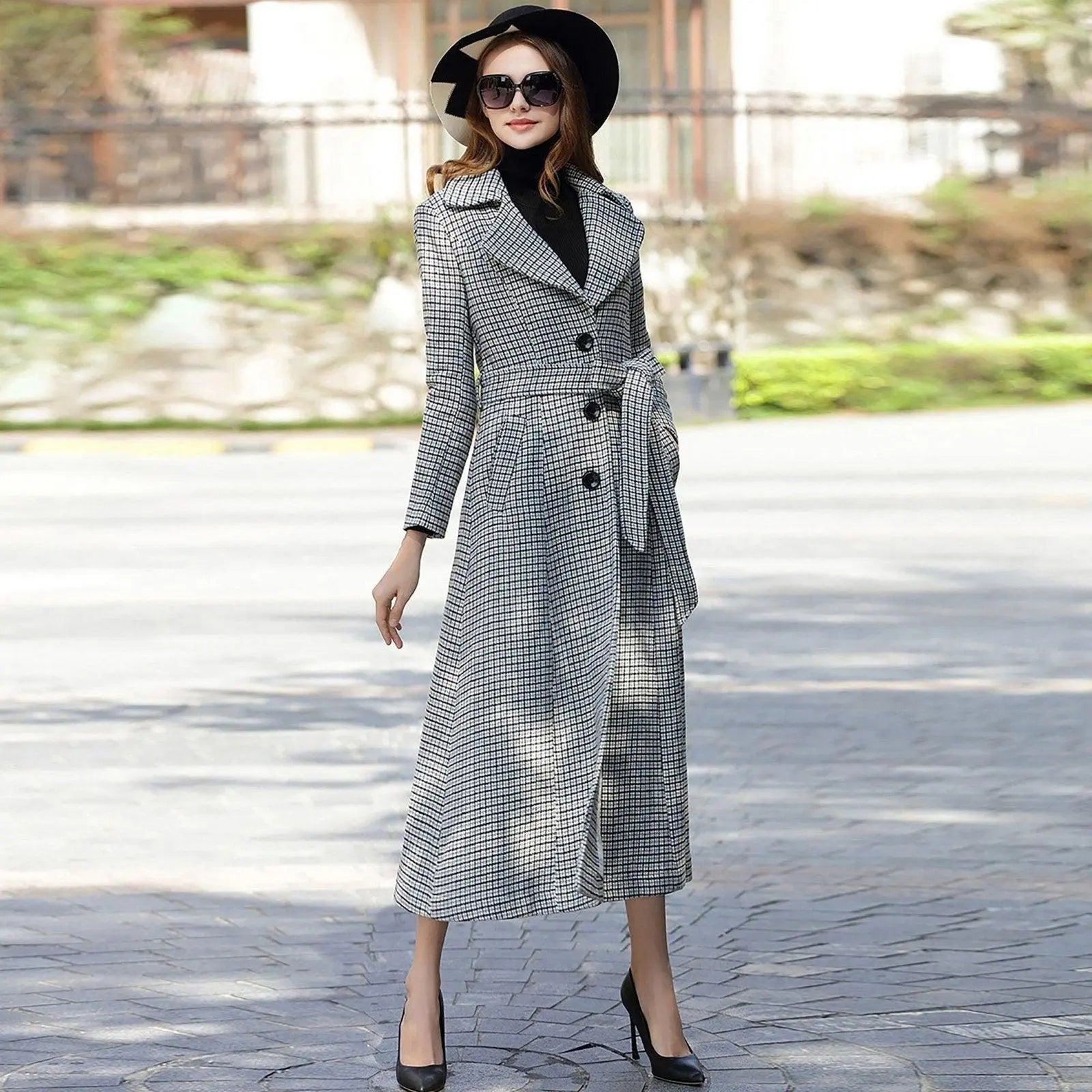 Women's Custom Wool Blend Fit & Flare Belted Plaid Coat Women's Custom Wool Blend Fit & Flare Belted Plaid Coat
