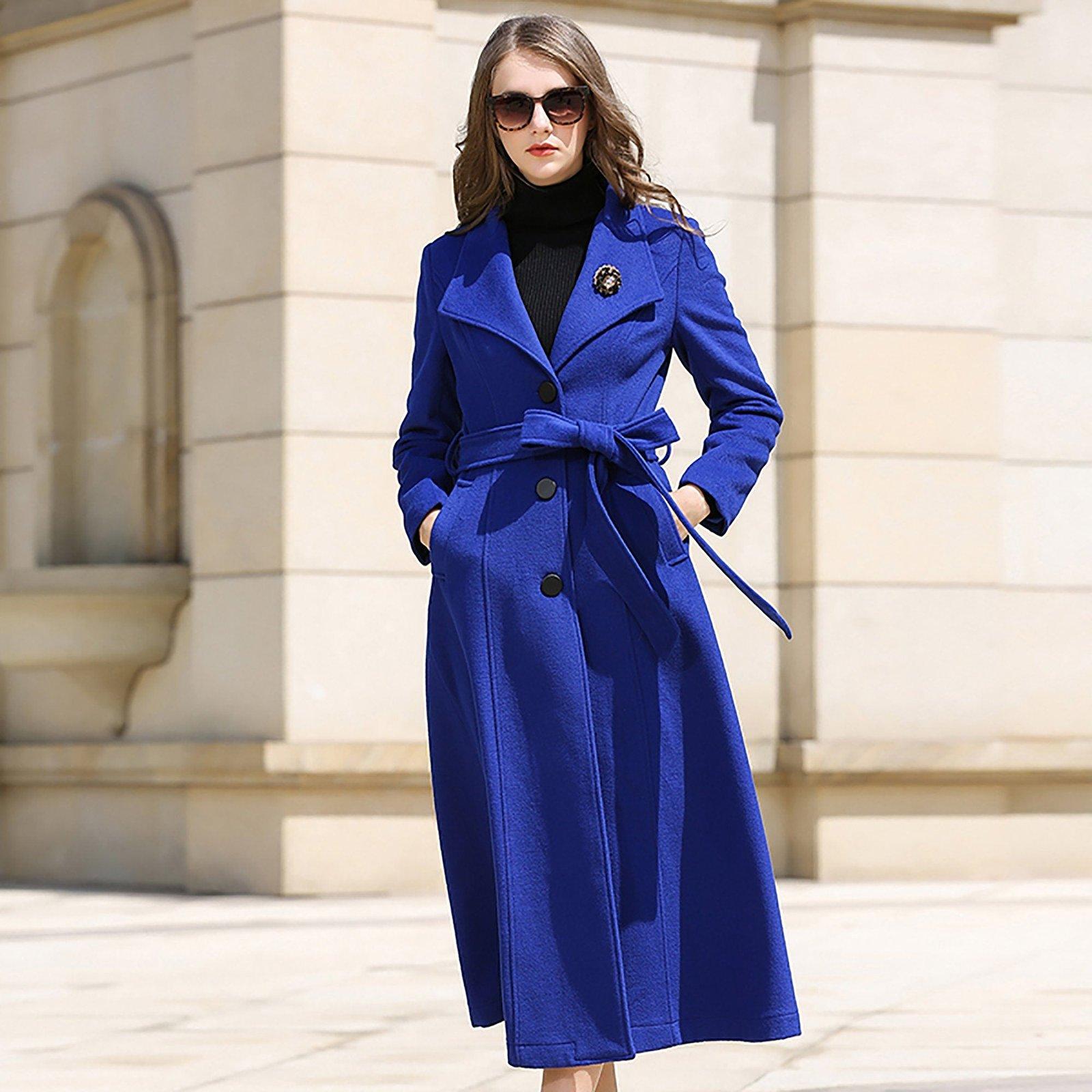 Custom Women's Blue Three Button Flare Wool Blend Coat