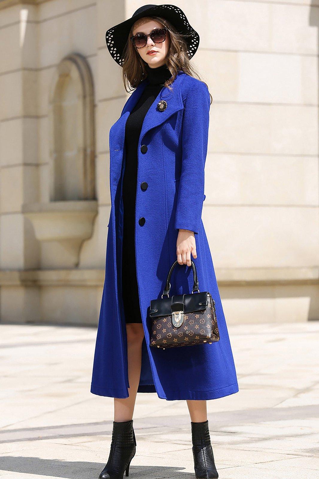 Custom Blue Belted Three Button Fit & Flare Wool Blend Coat Custom Blue Belted Three Button Fit & Flare Wool Blend Coat