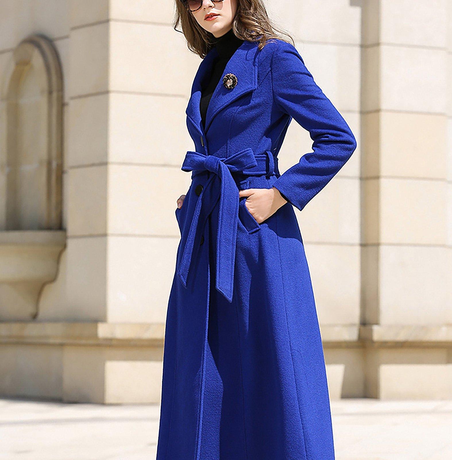 Custom Blue Belted Three Button Fit & Flare Wool Blend Coat
