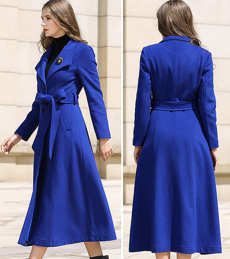 Custom Blue Belted Three Button Fit & Flare Wool Blend Coat Vivian Seven