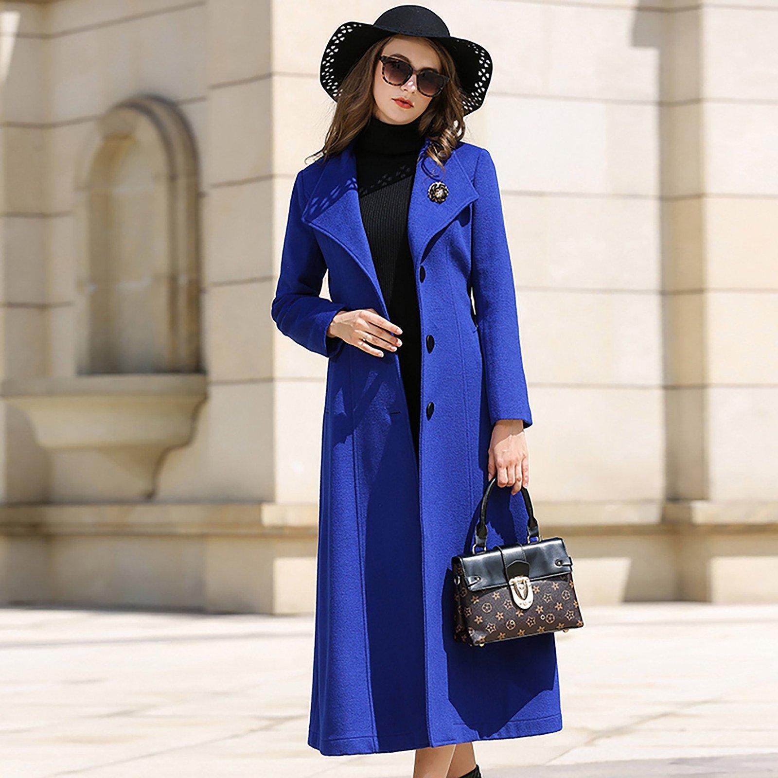 Custom Blue Belted Three Button Fit & Flare Wool Blend Coat