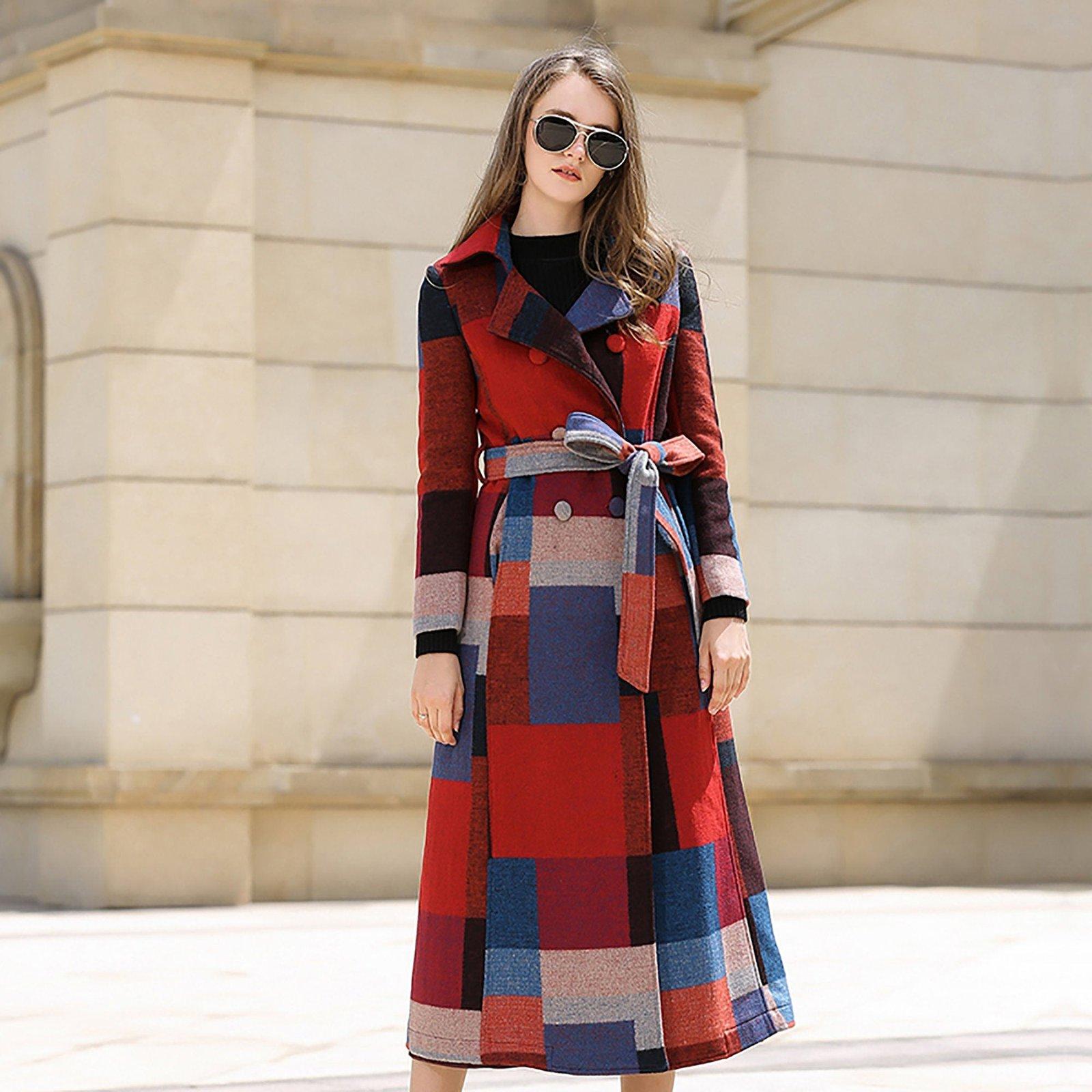 Dressy Geometric Pattern Wool Blend Long Coat