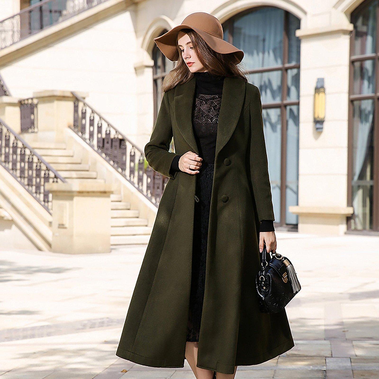 Military Coat Women Green Wool Coat Wool Coat Womens Flared Trench Coat Wool Coat, Green Long Wool