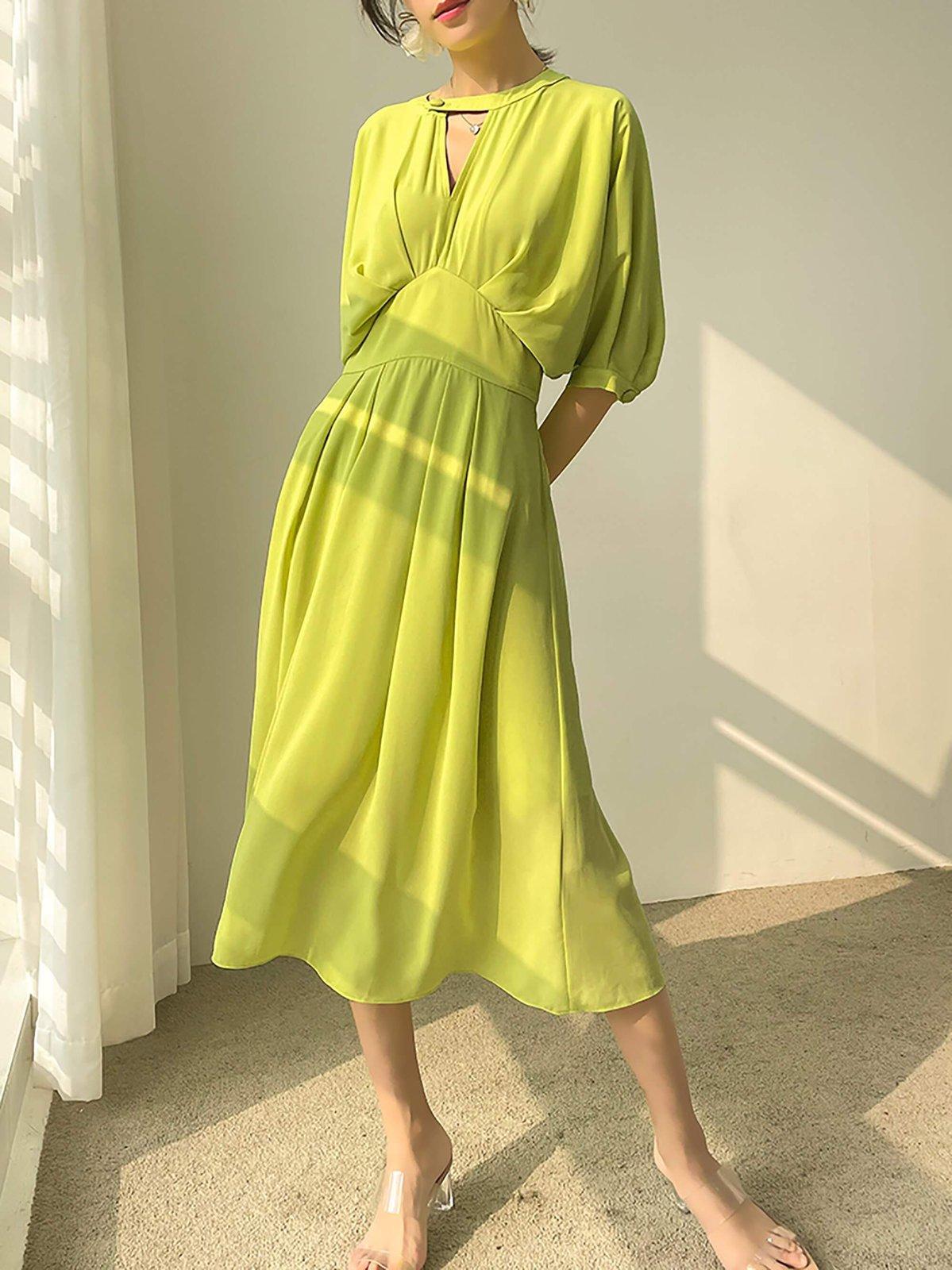 Cutout Neckline Draped Fit & Flare Midi Dress | Vivian Seven S / Green Cutout Neckline Draped Fit & Flare Midi Dress | Vivian Seven S / Green