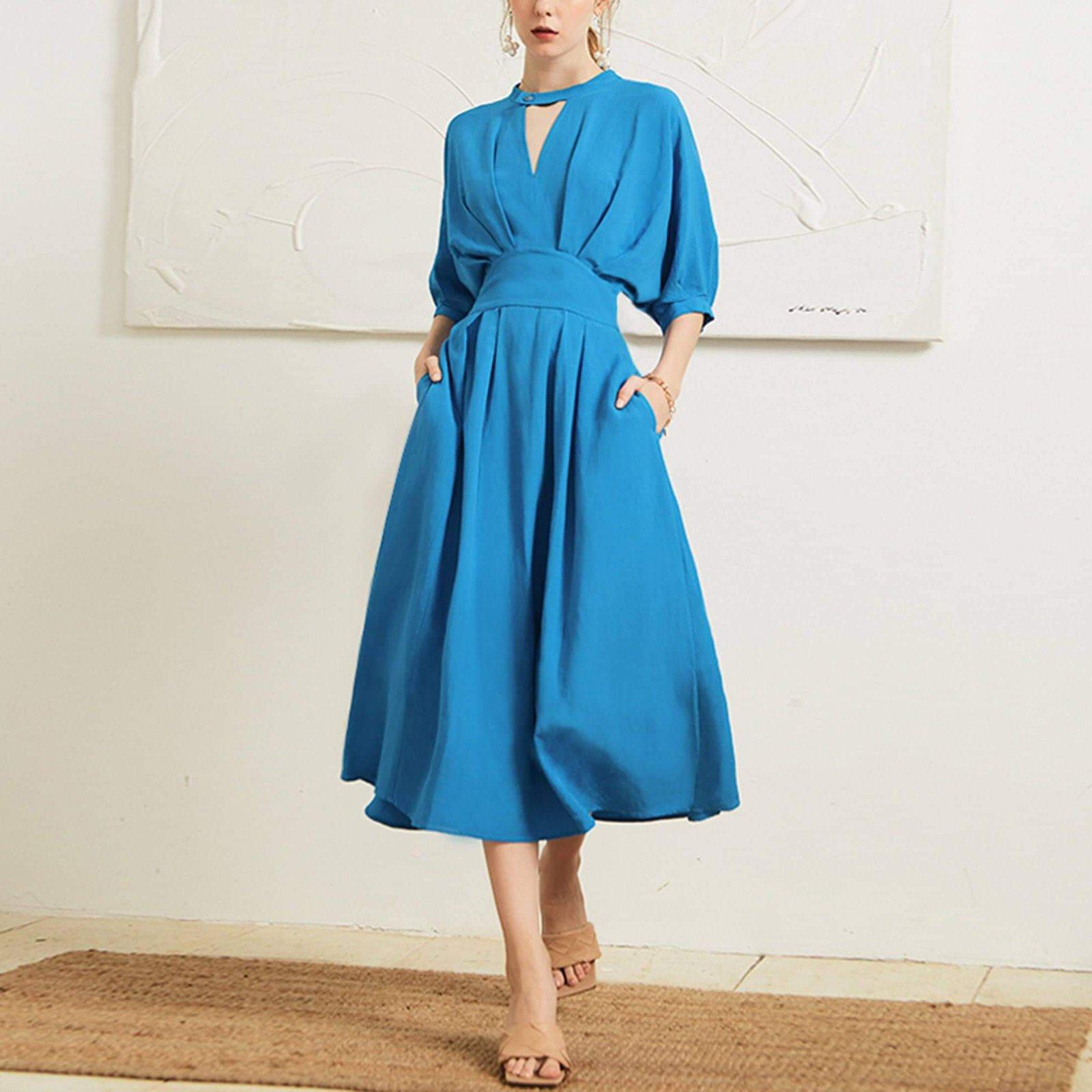Cutout Neckline Draped Fit & Flare Midi Dress | Vivian Seven S / Blue Cutout Neckline Draped Fit & Flare Midi Dress | Vivian Seven S / Blue