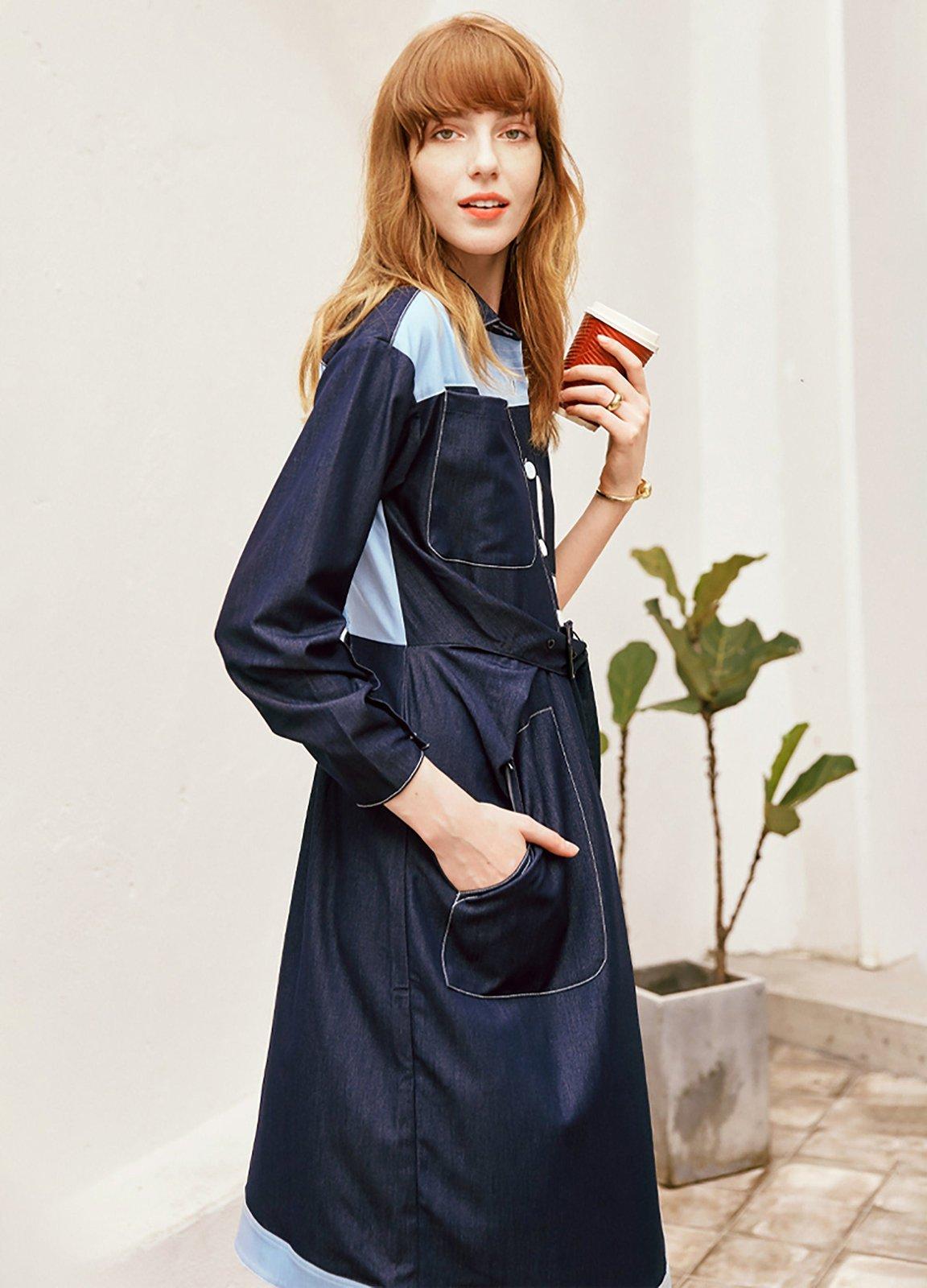 Women's Denim Patchwork Belted High Low Shirtdress | Vivian Seven S Women's Denim Patchwork Belted High Low Shirtdress | Vivian Seven S