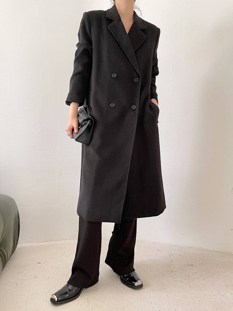 Double Breasted Oversized Long Wool Coat Black Vivian Seven