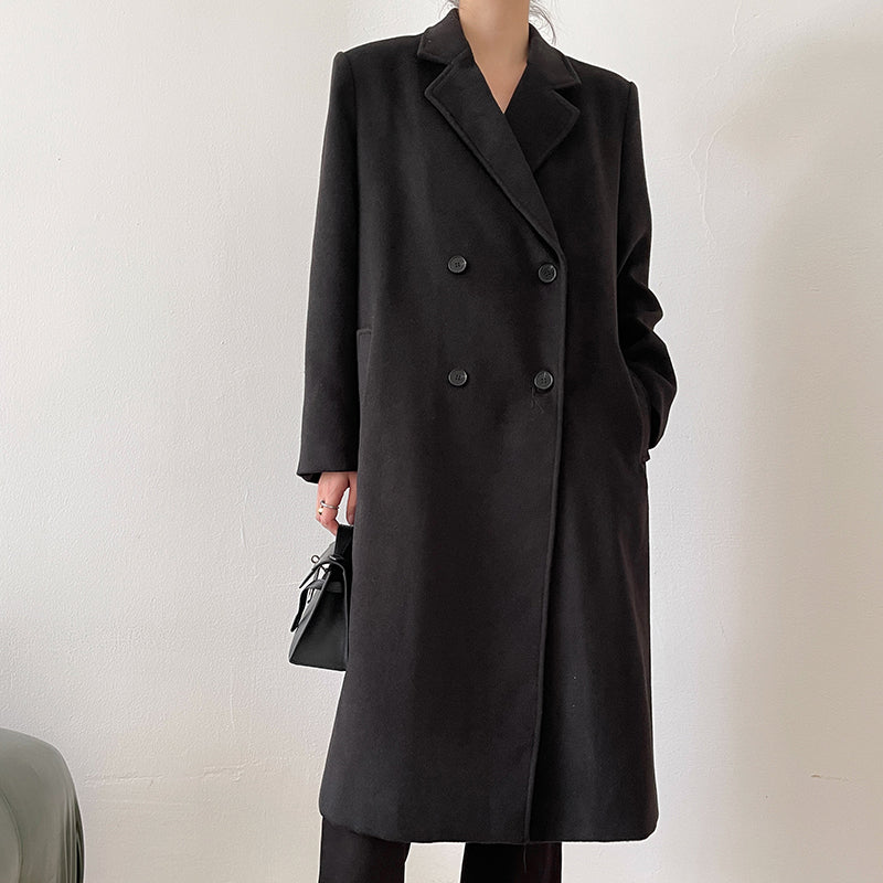 Double Breasted Oversized Long Wool Coat Black Vivian Seven