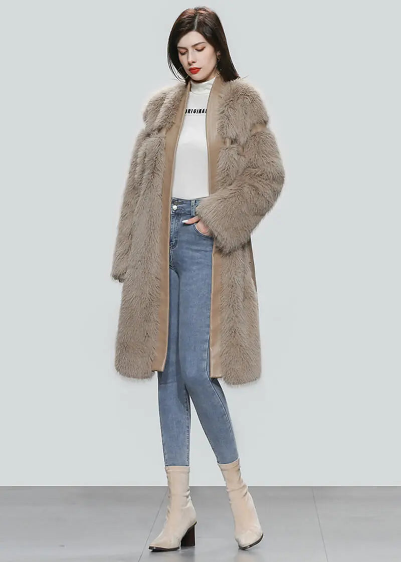 Faux Leather Long Fur Fleece Coat Dress - Vivian Seven