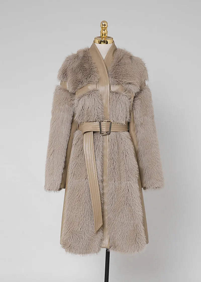 Faux Leather Long Fur Fleece Coat Dress