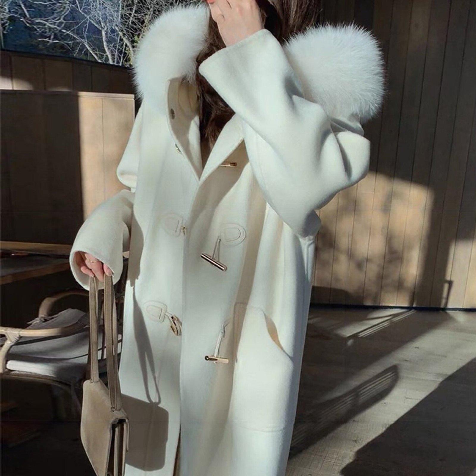 fur collar hooded wool blend jacket winter women