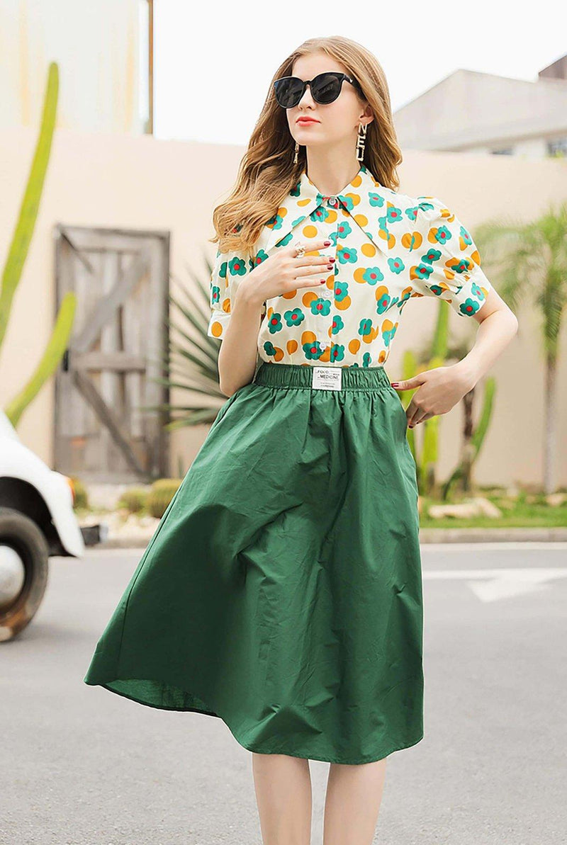 Floral Print Top & Green Skirt Two-piece Set Vivian Seven
