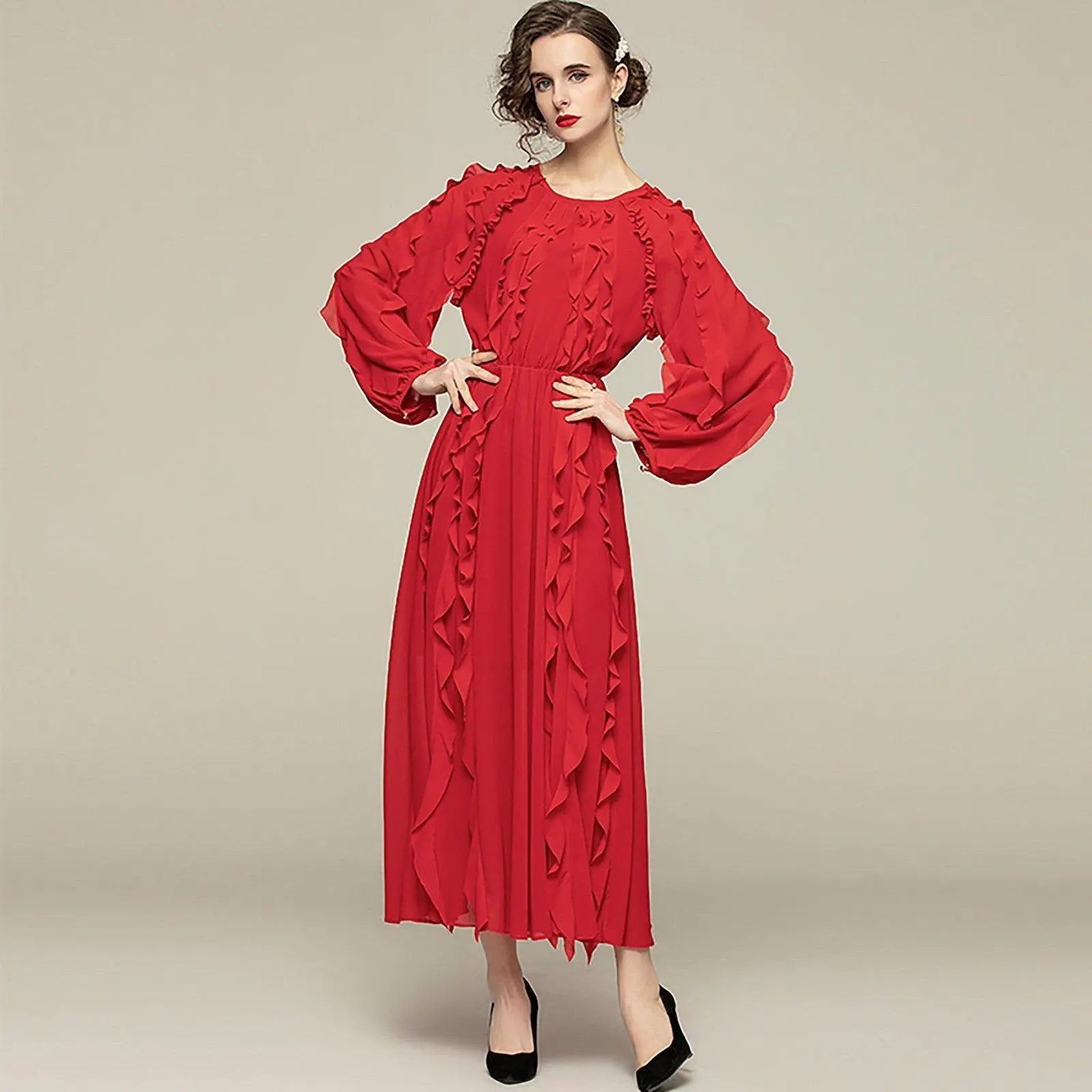 Chiffon Ruffled Long Sleeve Midi Dress | Vivian Seven Chiffon Ruffled Long Sleeve Midi Dress | Vivian Seven