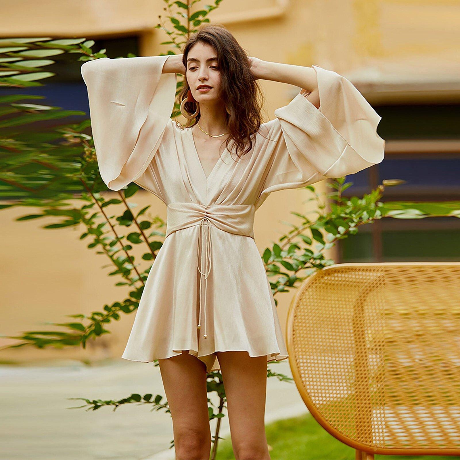 Relaxed Champagne V-neck Cocktail Dress | Vivian Seven Relaxed Champagne V-neck Cocktail Dress | Vivian Seven