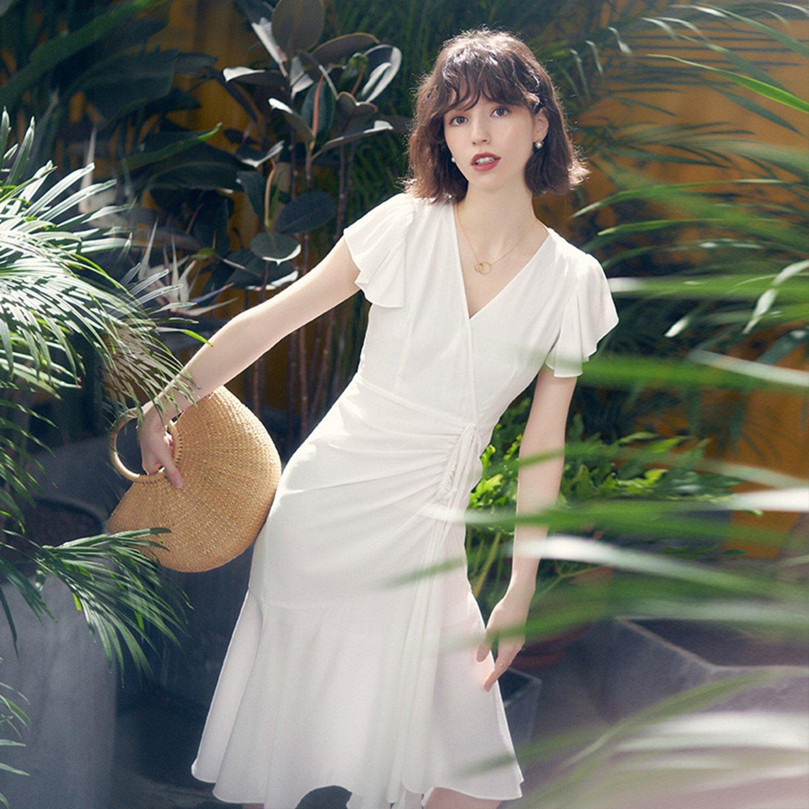 Women's White V-Neck Cap Sleeve Ruffle Dress Women's White V-Neck Cap Sleeve Ruffle Dress