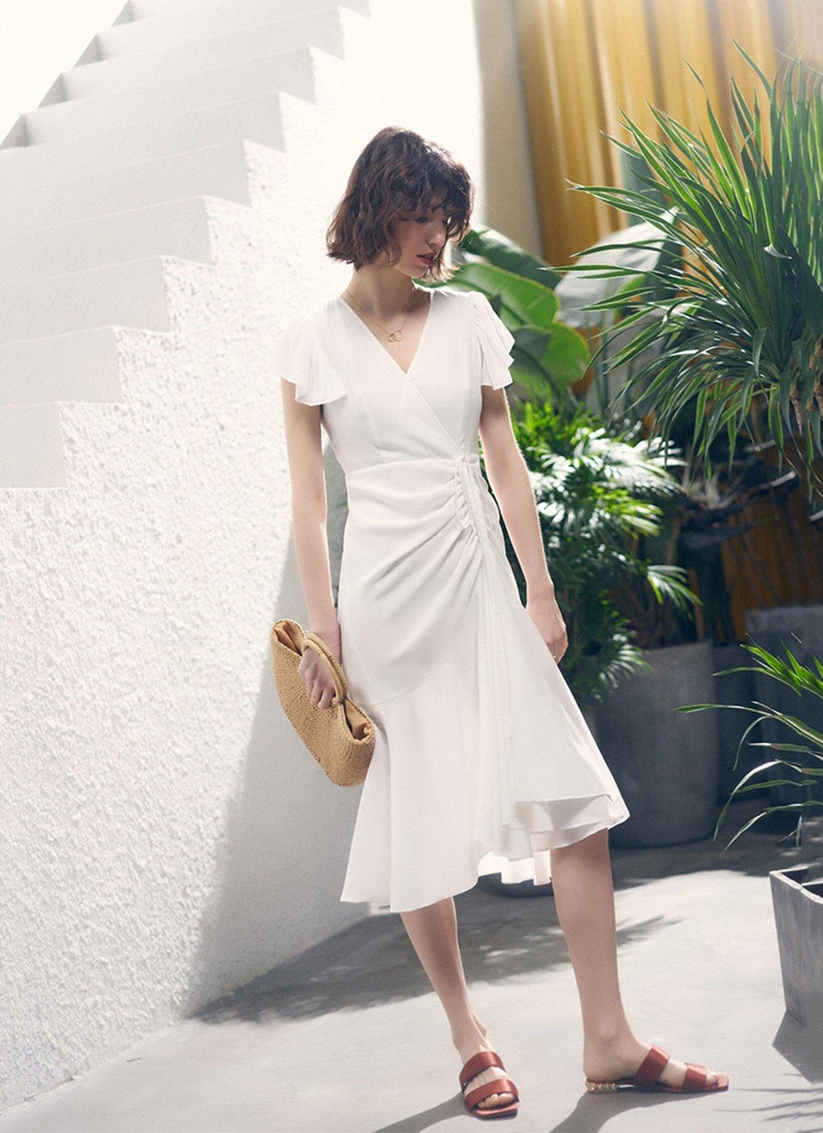 Women's White V-Neck Cap Sleeve Ruffle Dress Women's White V-Neck Cap Sleeve Ruffle Dress