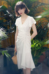 White V-Neck Cap Sleeve Ruffle Dress Vivian Seven