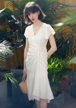 White V-Neck Cap Sleeve Ruffle Dress Vivian Seven