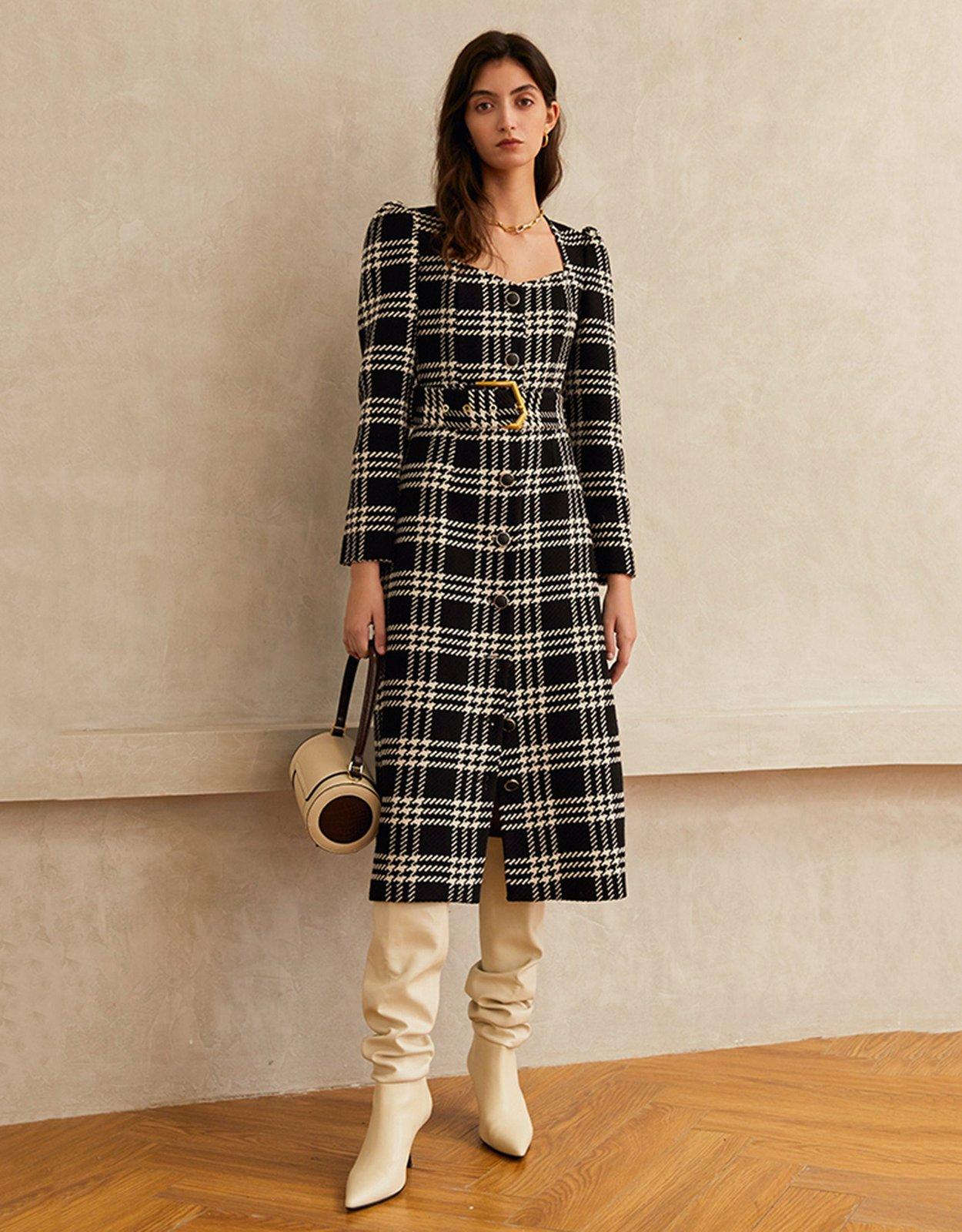 Plaid Square Neck Belted Button Wool Blend Long Dress S Plaid Square Neck Belted Button Wool Blend Long Dress S