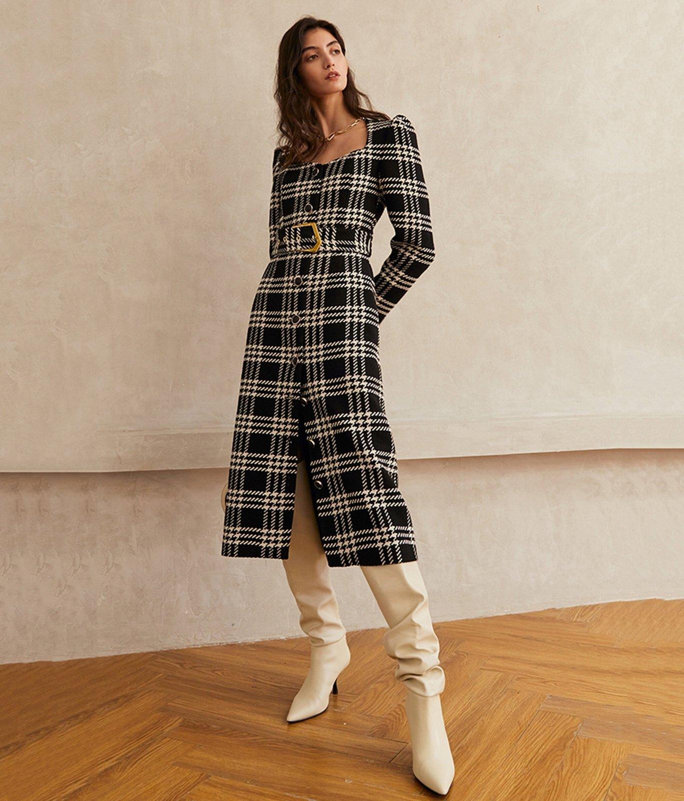 Plaid Square Neck Belted Button Wool Blend Long Dress XS