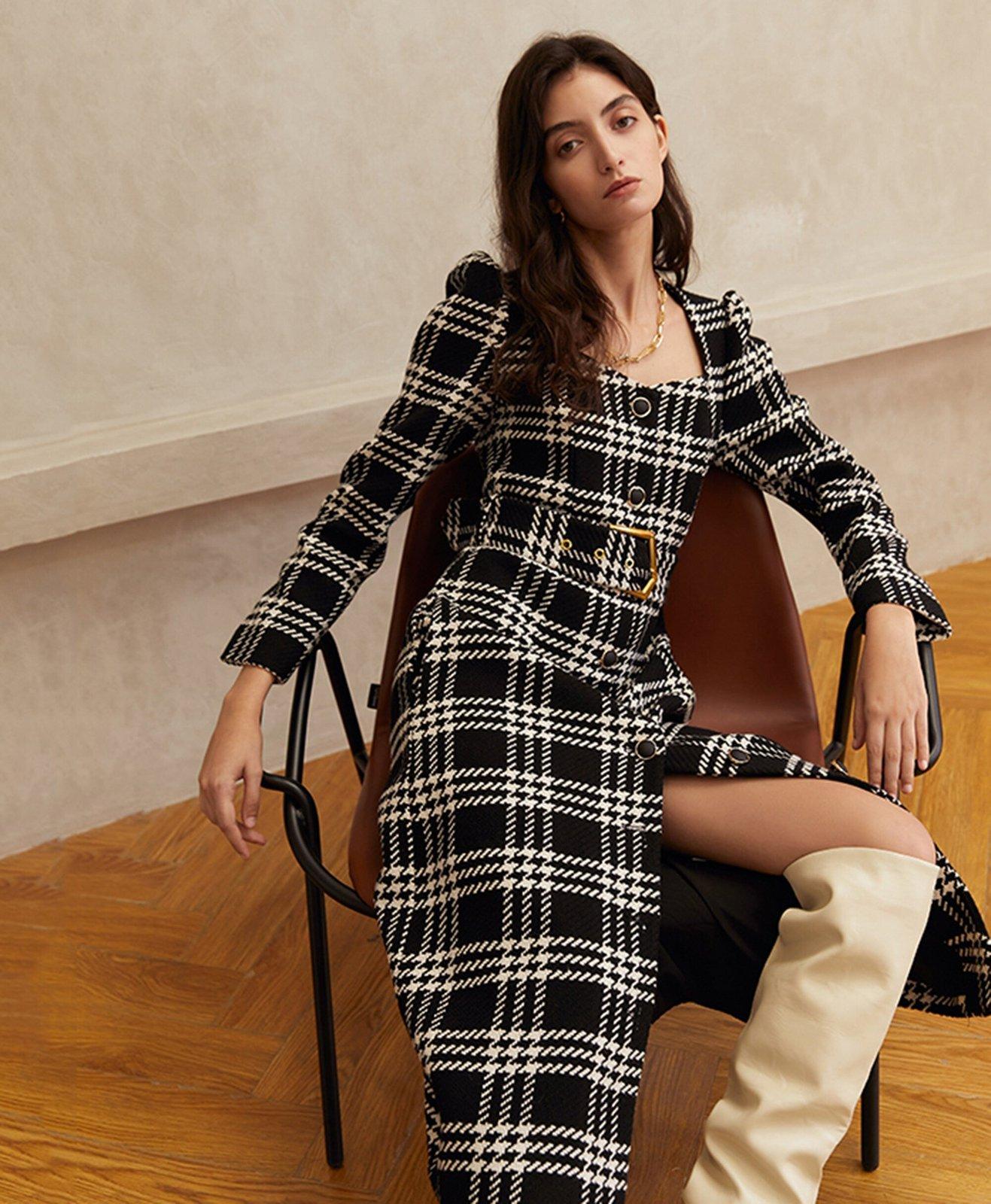 Plaid Square Neck Belted Button Wool Blend Long Dress – Vivian Seven Plaid Square Neck Belted Button Wool Blend Long Dress – Vivian Seven