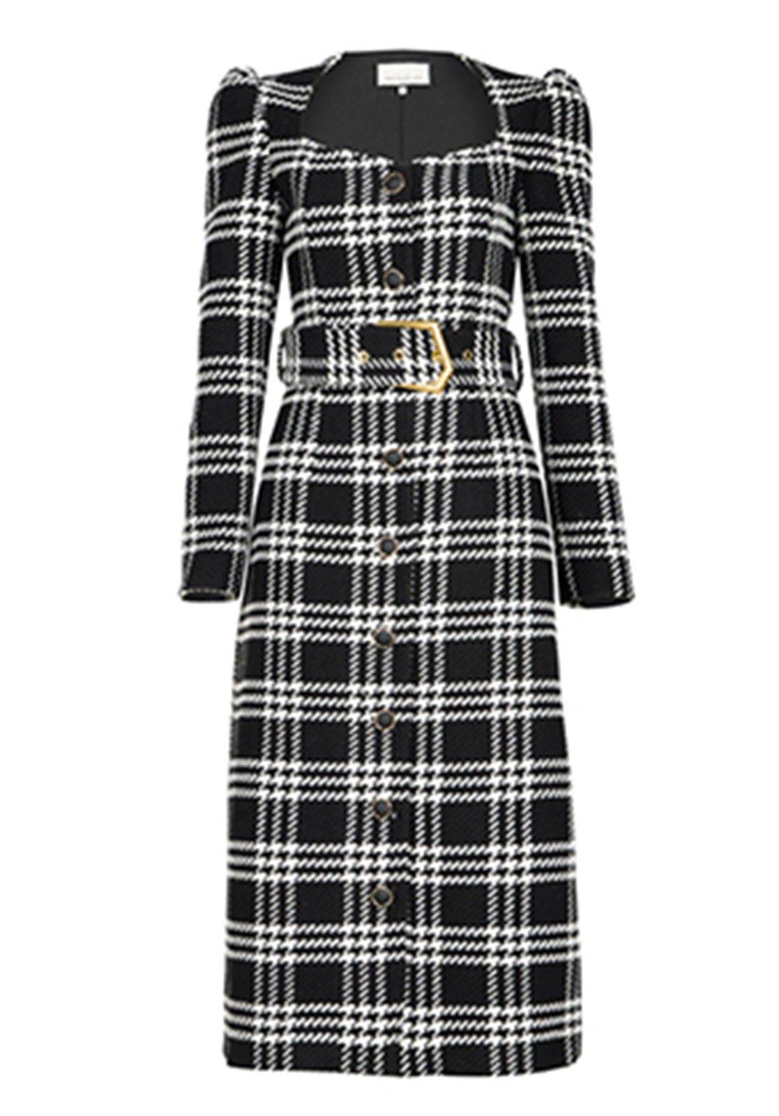 Plaid Square Neck Belted Button Wool Blend Long Dress Xs Plaid Square Neck Belted Button Wool Blend Long Dress Xs
