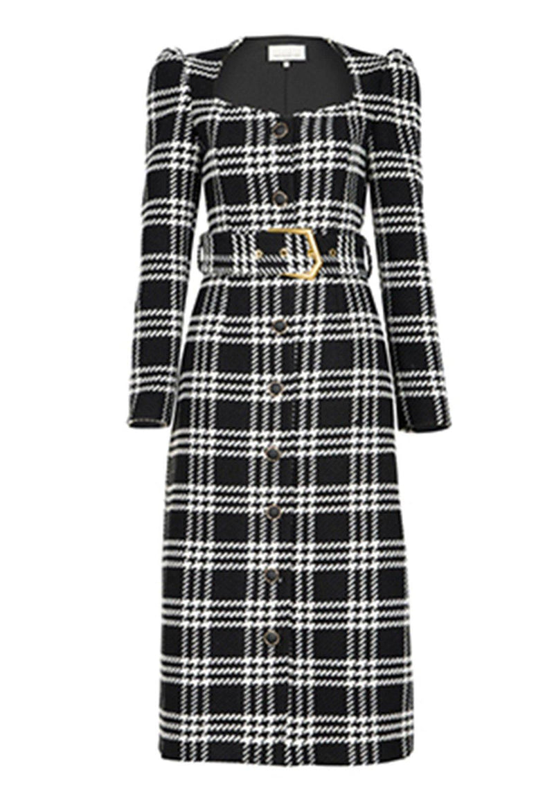 French square collar black white plaid Wool coat,Women Woolen Blend Coat,Belted Overcoat,Autumn winter outfit,Women Outwear,Plaid Long Coat Vivian Seven
