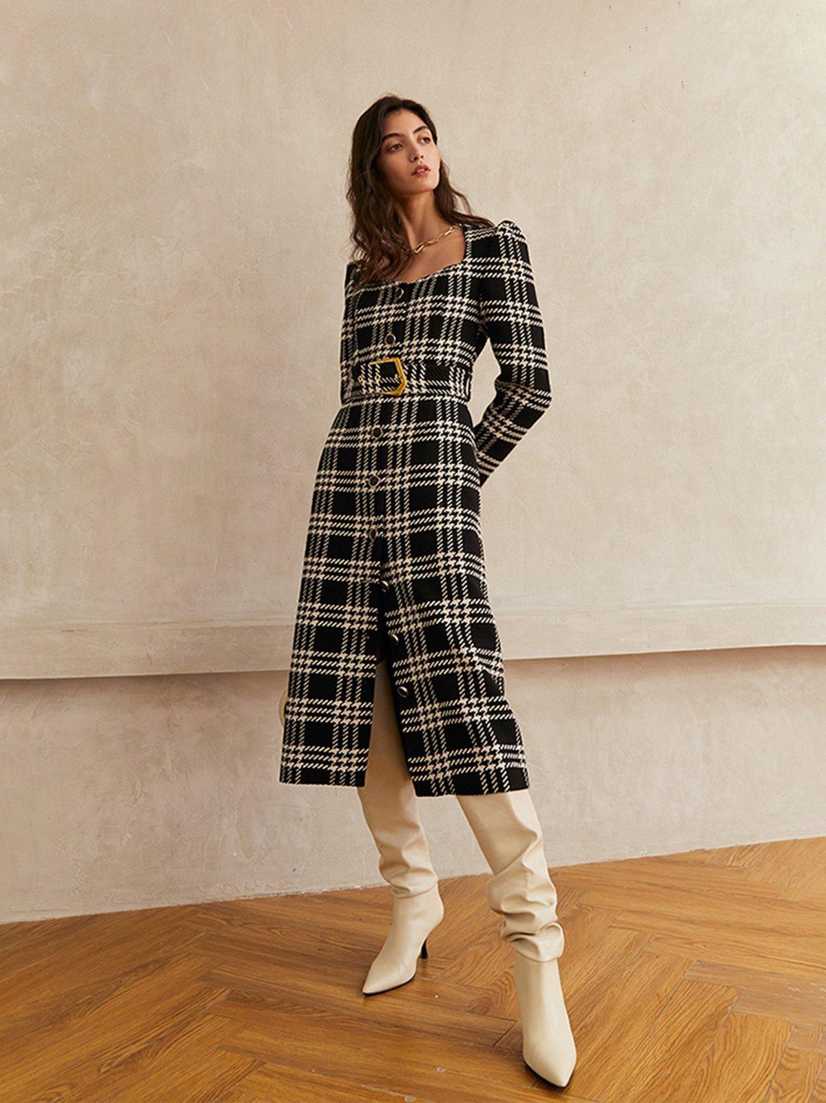 Plaid Square Neck Belted Button Wool Blend Long Dress Plaid Square Neck Belted Button Wool Blend Long Dress