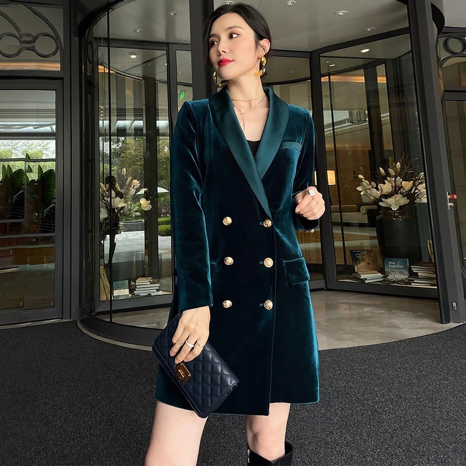 Shawl Collar Double Breasted Fitted Thigh-length Jacket Vivian Seven