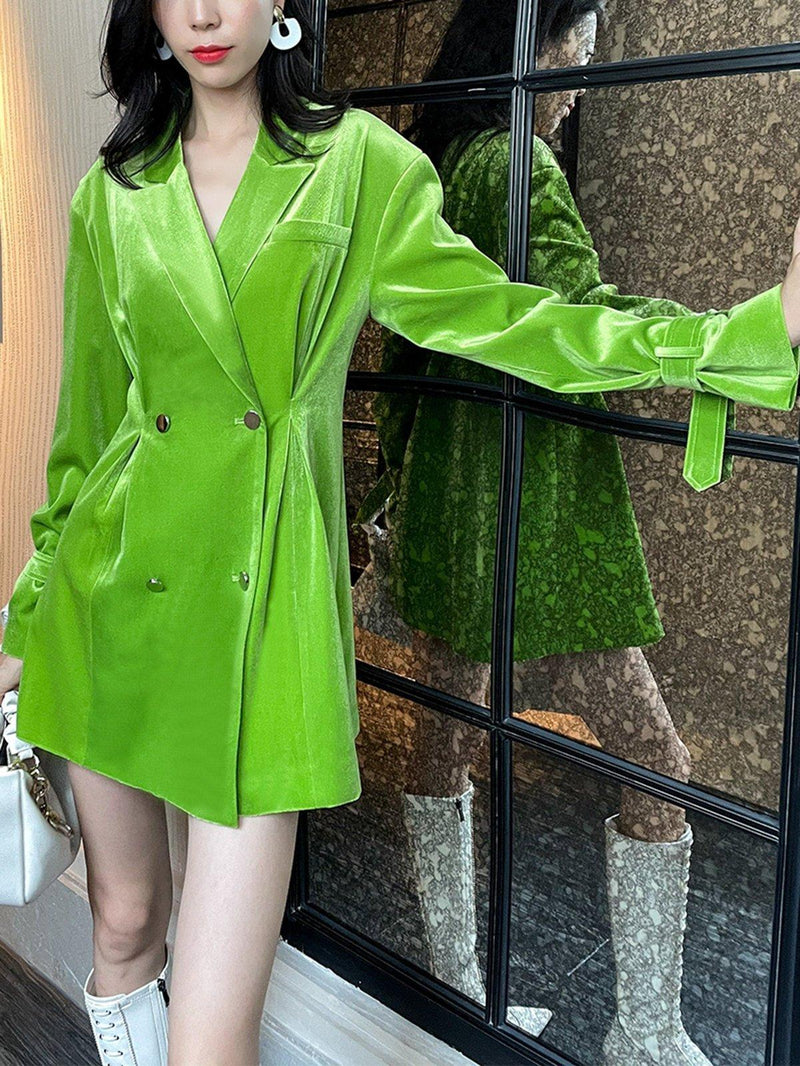 Spring Green Luxe Velvet Double Breasted Fit & Flare Blazer Vivian Seven